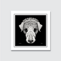 A black and white woodcut print of a dog's head, with the artist's signature 'A.J. de G.' and the date '1920' visible.