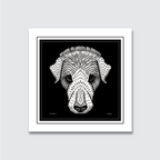A black and white woodcut print of a dog's head, with the artist's signature 'A.J. de G.' and the date '1920' visible.