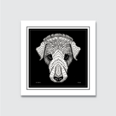A black and white woodcut print of a dog's head, with the artist's signature 'A.J. de G.' and the date '1920' visible.