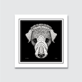 A black and white woodcut print of a dog's head, with the artist's signature 'A.J. de G.' and the date '1920' visible.
