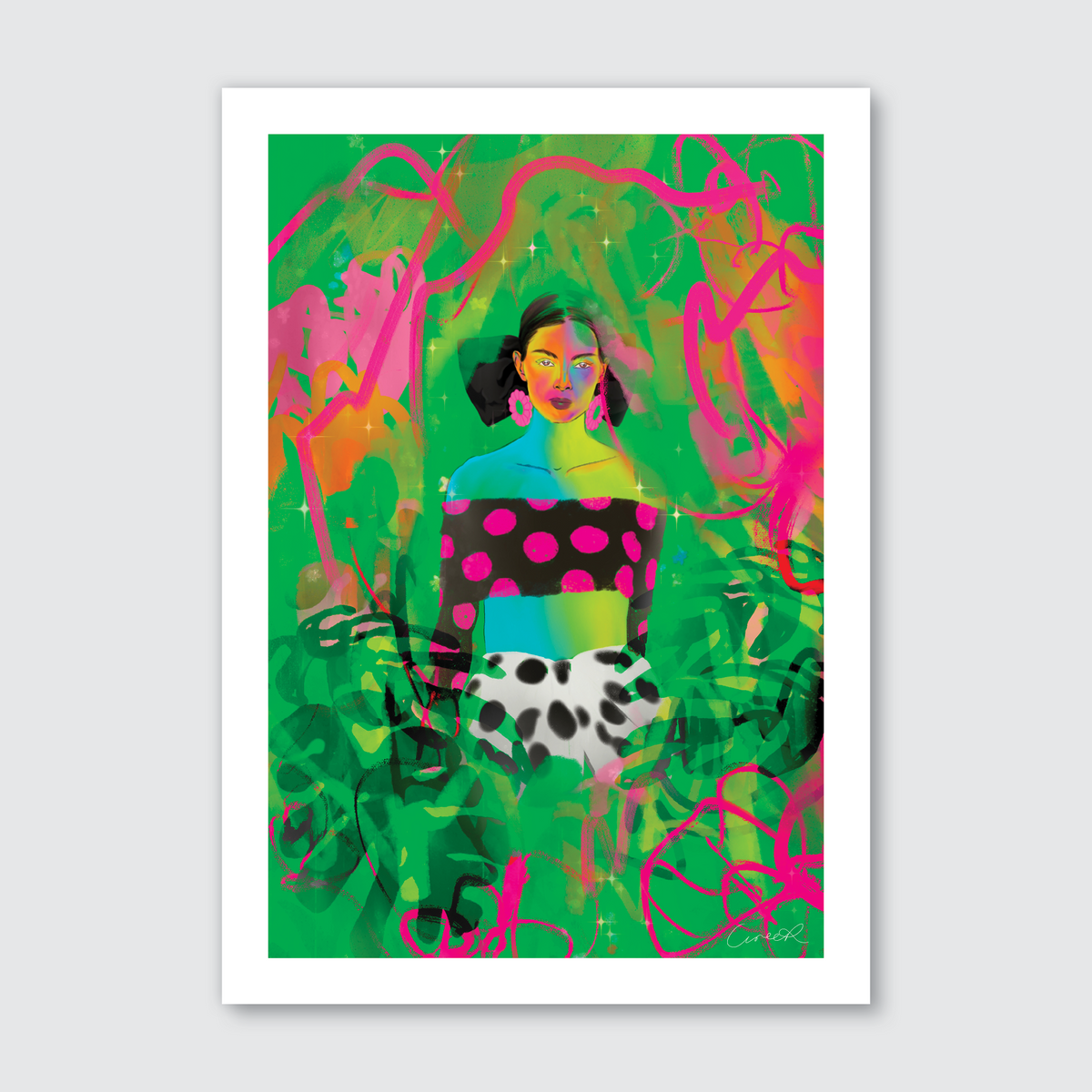 A digital painting featuring a stylized, exotic woman with a confident expression, walking through a forest-like depiction with vibrant green background and pink accents.