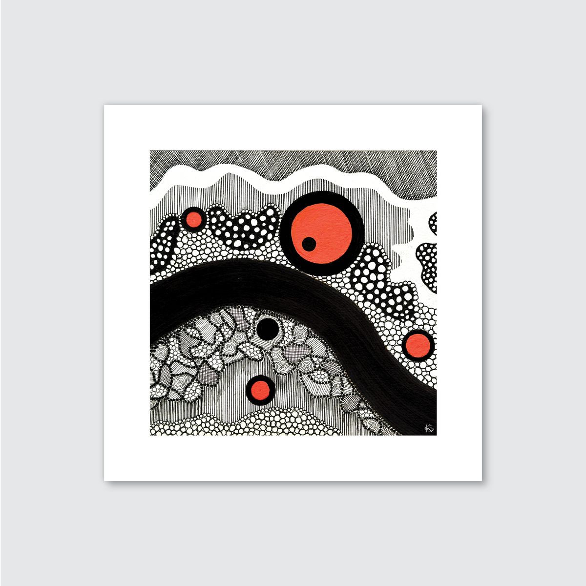 Abstract artwork featuring black and white elements with red circles and dots on a textured background.