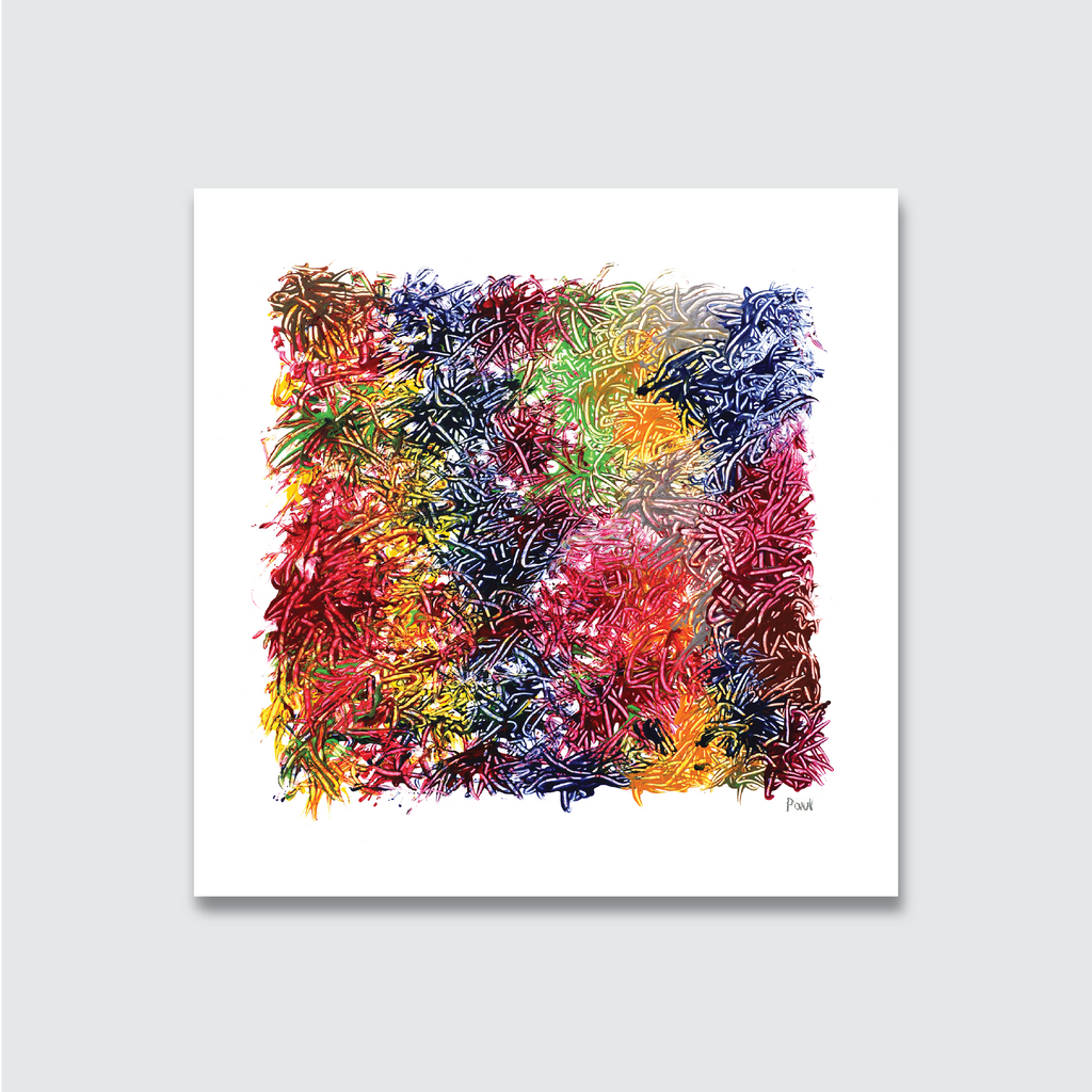 A vibrant, hand-painted artwork featuring a dense pattern of multicoloured, wavy lines on a white background.