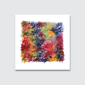 A vibrant, hand-painted artwork featuring a dense pattern of multicoloured, wavy lines on a white background.