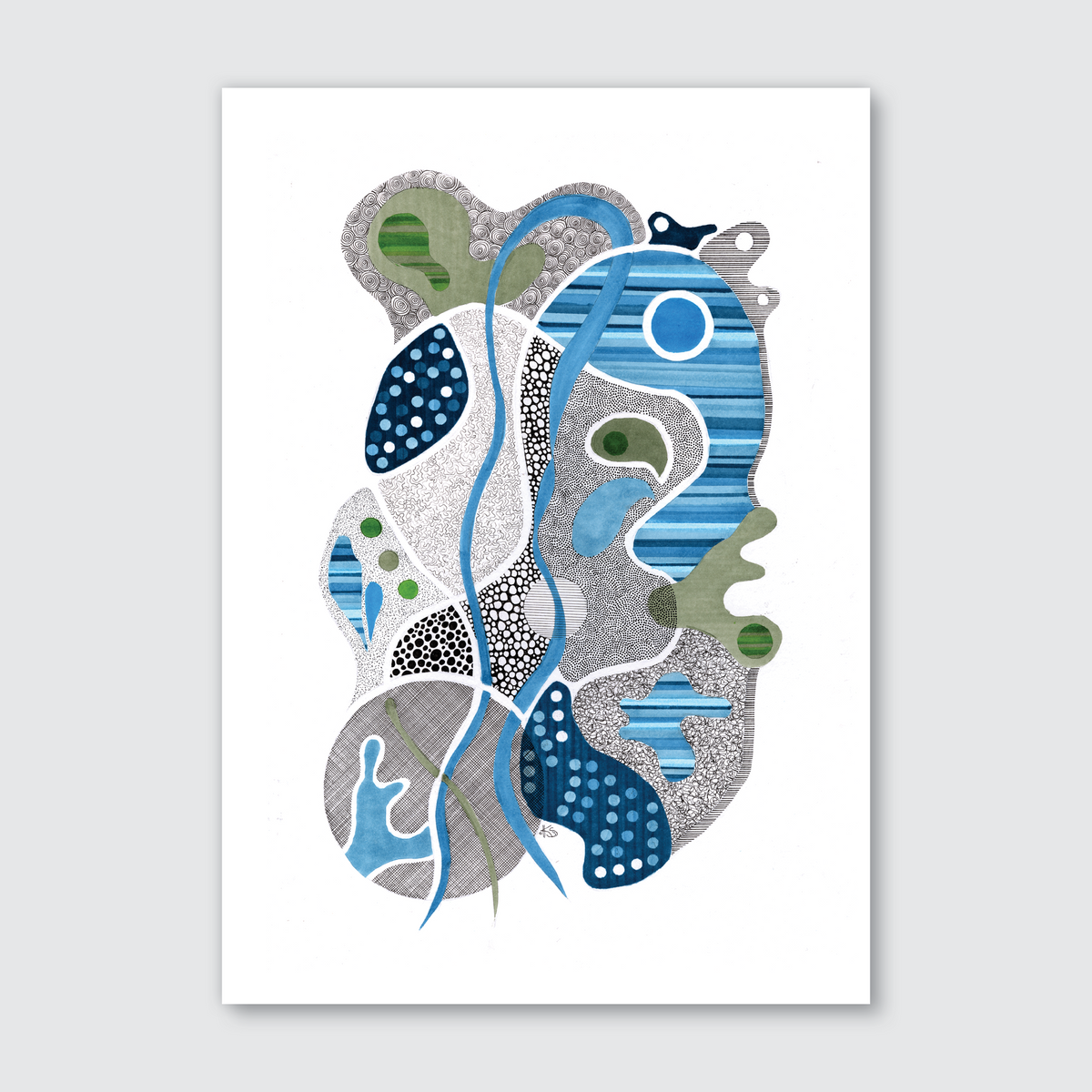 Abstract image of blue green and white shapes vertical showing lines, paths of water, trees. 