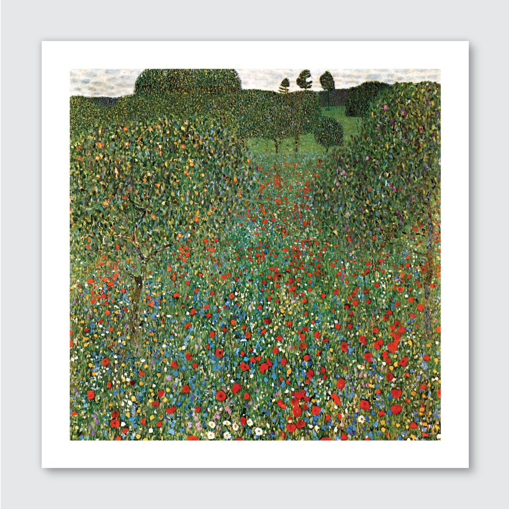 A vibrant art print featuring a field of sunflowers and greenery in a style reminiscent of Gustav Klimt's work.