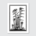 A detailed black and white woodcut print of ferns with flowing lines, etched with precision.