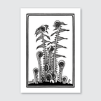 A detailed black and white woodcut print of ferns with flowing lines, etched with precision.