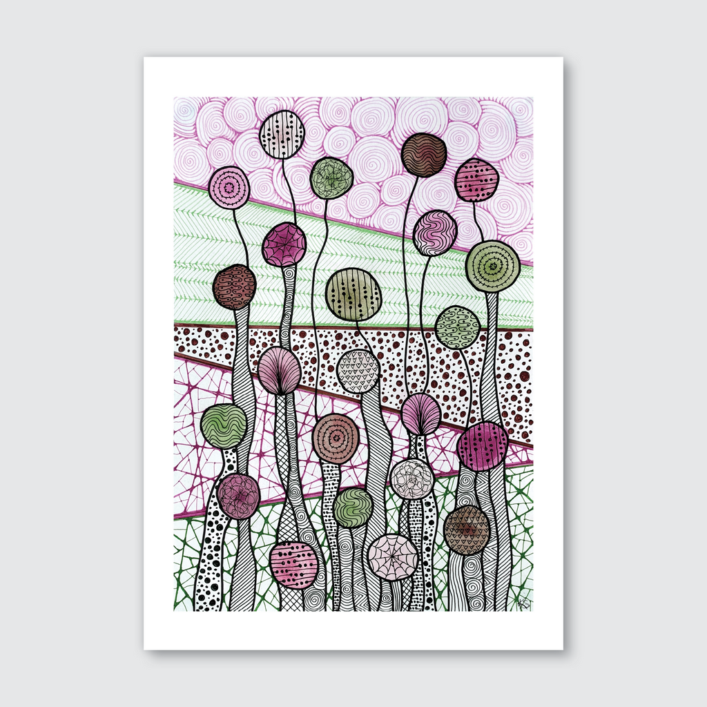A colorful artwork featuring abstract balloon-like shapes with various patterns and markings, predominantly in purple and pink tones.
