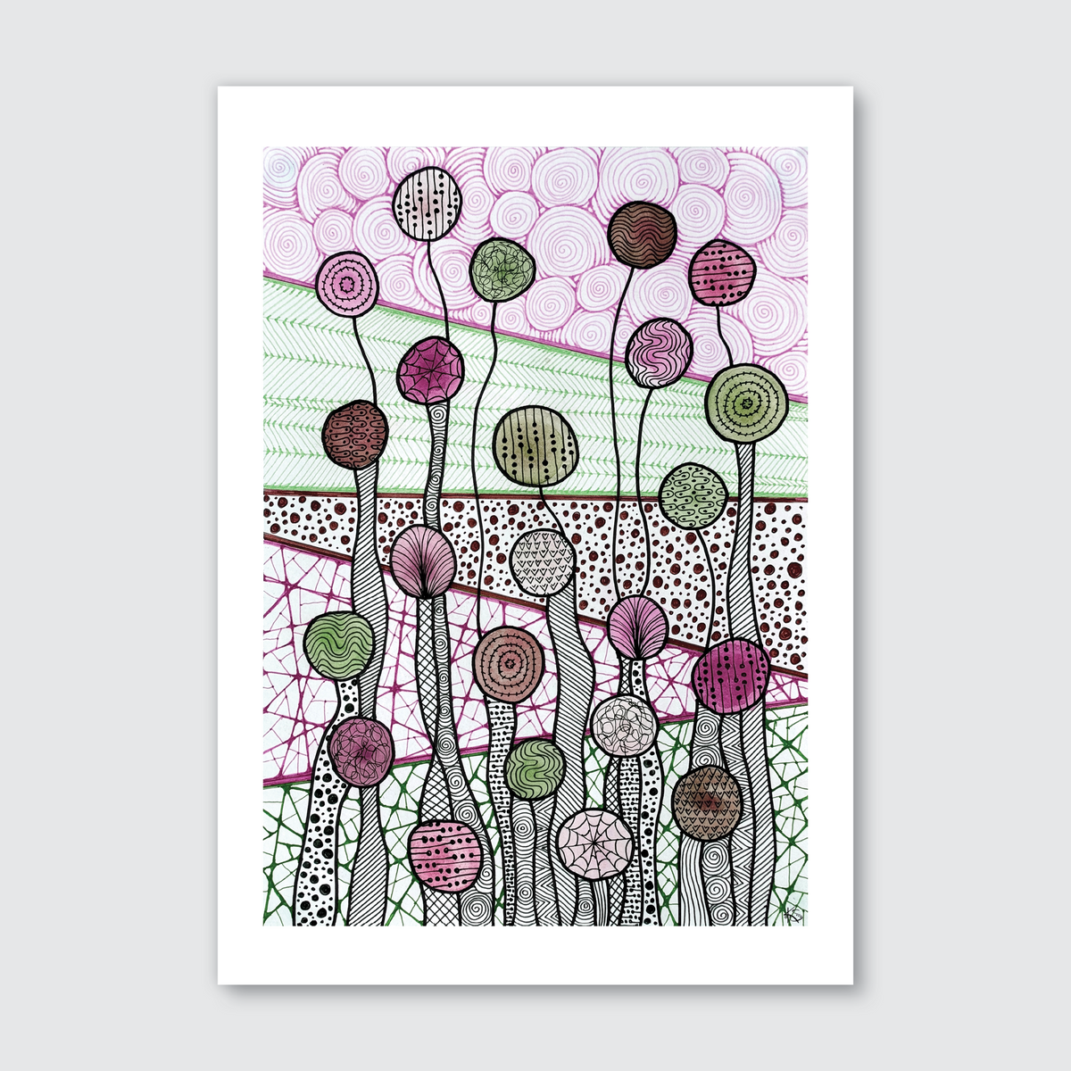 A colorful artwork featuring abstract balloon-like shapes with various patterns and markings, predominantly in purple and pink tones.