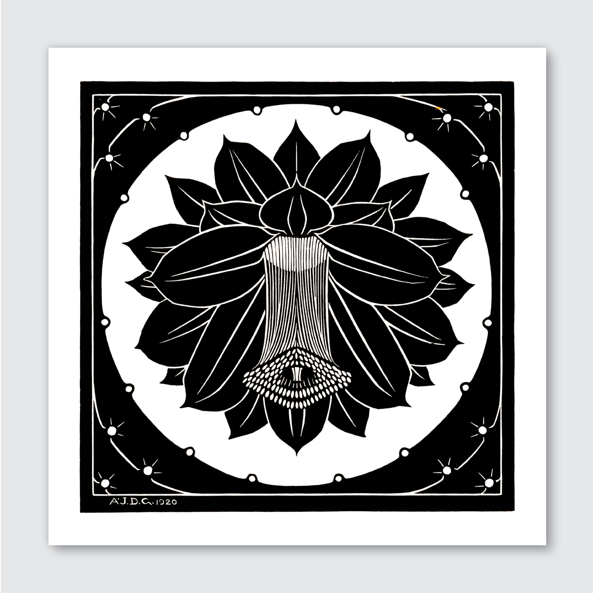 A black and white woodcut print of a floral design, with precise lines and a central circular composition, signed by the artist Julie de Graag.