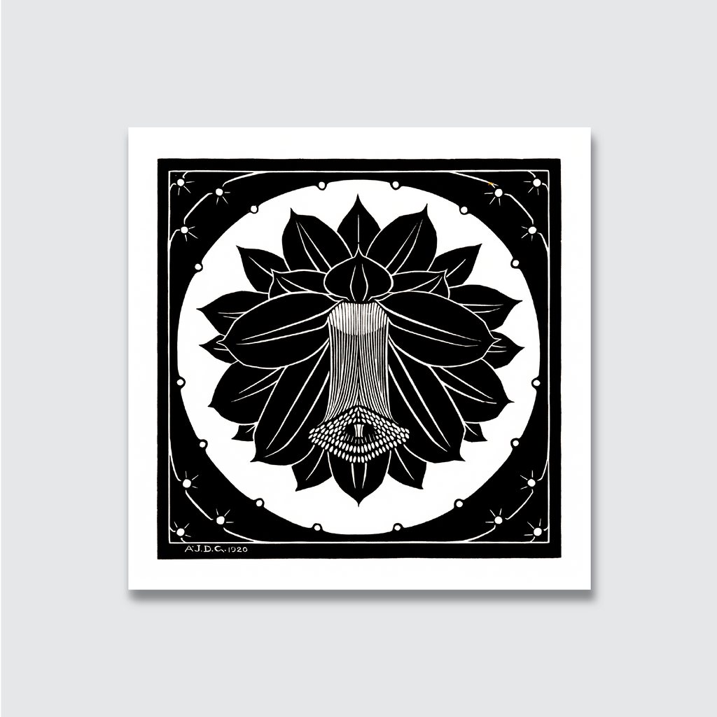 A black and white woodcut print of a floral design, with precise lines and a central circular composition, signed by the artist Julie de Graag.