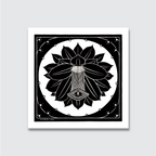 A black and white woodcut print of a floral design, with precise lines and a central circular composition, signed by the artist Julie de Graag.