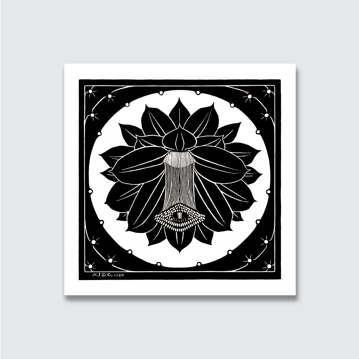 A black and white woodcut print of a floral design, with precise lines and a central circular composition, signed by the artist Julie de Graag.