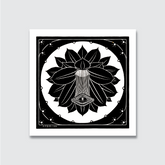 A black and white woodcut print of a floral design, with precise lines and a central circular composition, signed by the artist Julie de Graag.
