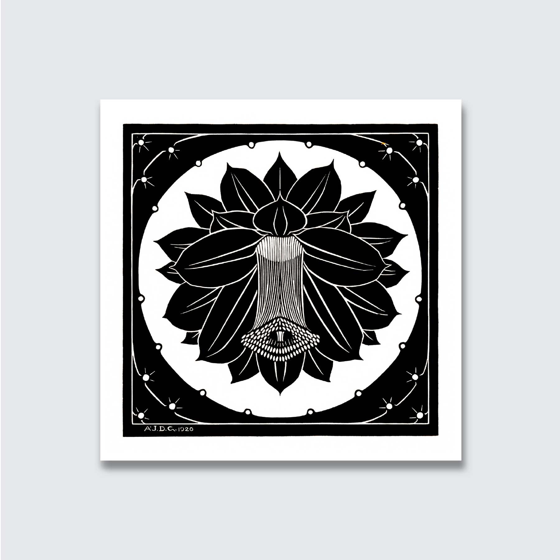 A black and white woodcut print of a floral design, with precise lines and a central circular composition, signed by the artist Julie de Graag.