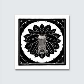 A black and white woodcut print of a floral design, with precise lines and a central circular composition, signed by the artist Julie de Graag.