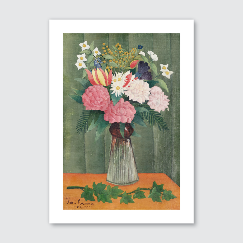 Henri Rousseau's painting 'Flowers in a Vase,' featuring a bouquet of flowers with pinks, whites, and greens, arranged in a clear vase on a table with a subtle green background.
