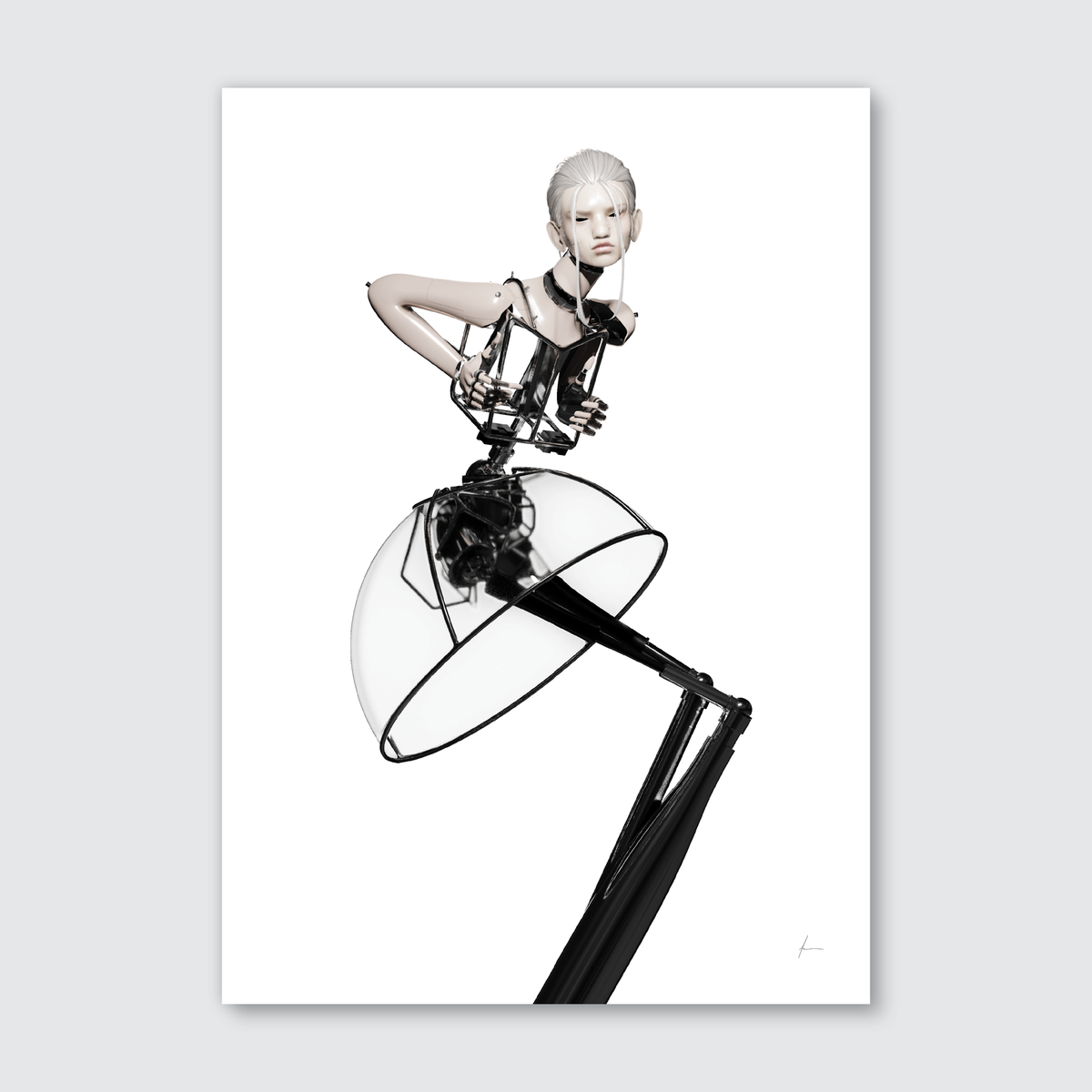 A black and white image of a fashion animatronic named Francesca, featuring editorial poses with influences from Abstract Expressionist Franz Kline's artwork.