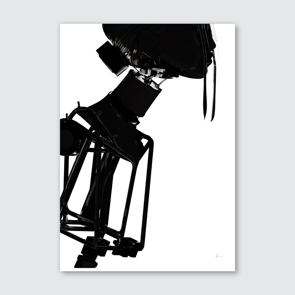 A black and white image of a fashion animatronic named Francesca, showing her from a side angle performing an editorial pose, with a focus on her upper body and head.