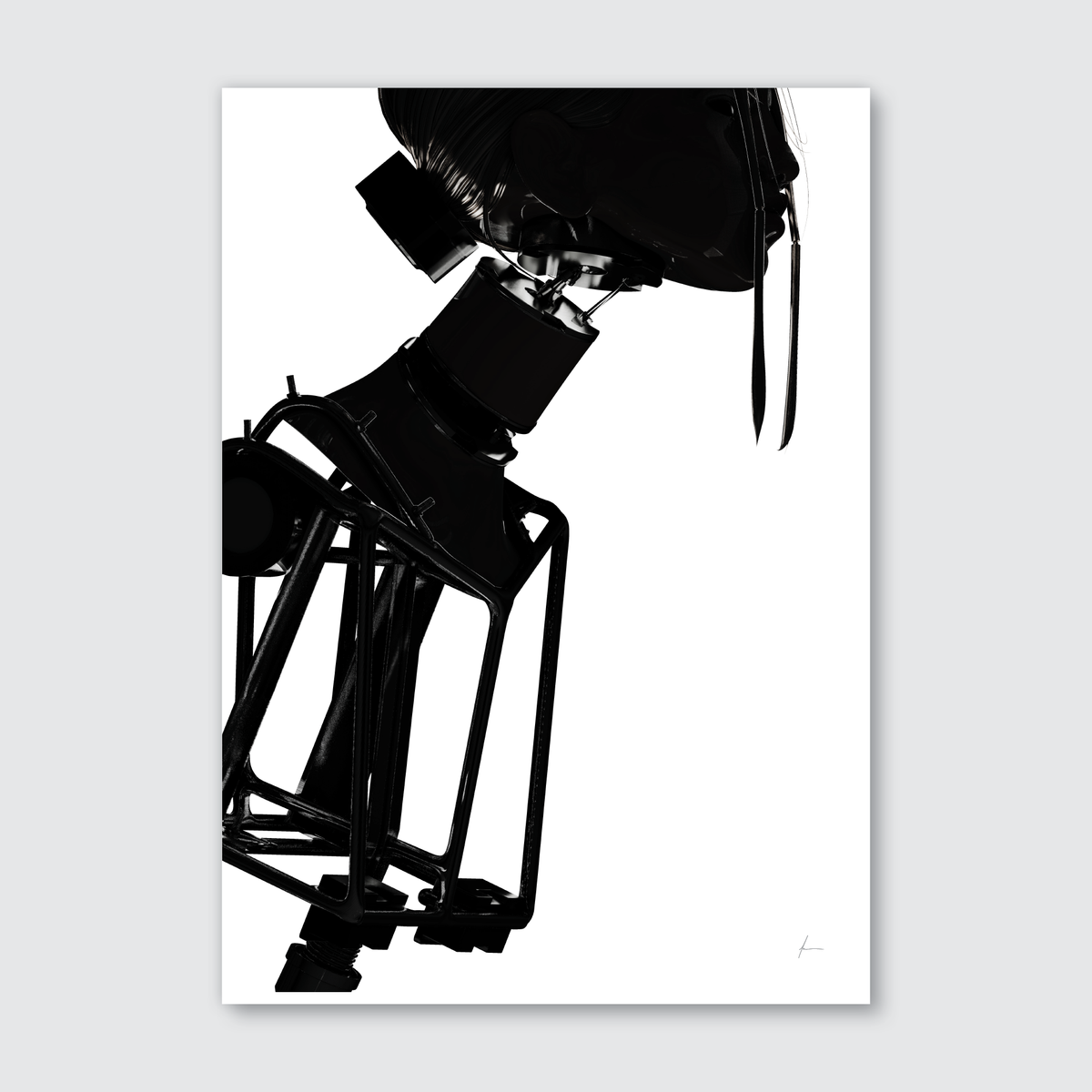 A black and white image of a fashion animatronic named Francesca, showing her from a side angle performing an editorial pose, with a focus on her upper body and head.