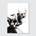 A black and white image of a fashion animatronic named Francesca, featuring editorial poses with influences from Abstract Expressionist Franz Kline's calligraphic artwork.