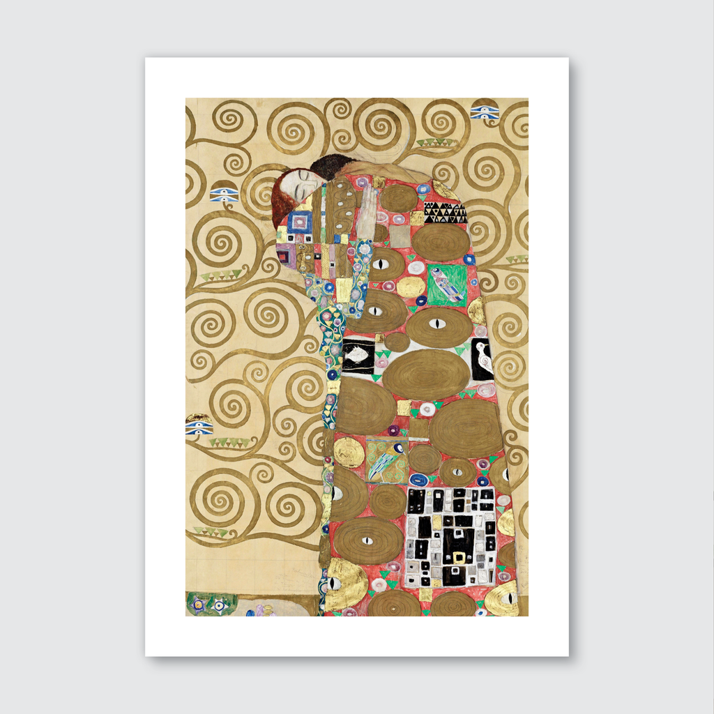 A graphical art print featuring a figure with swirling geometric patterns in gold, silver, and vibrant hues against an abstract background.