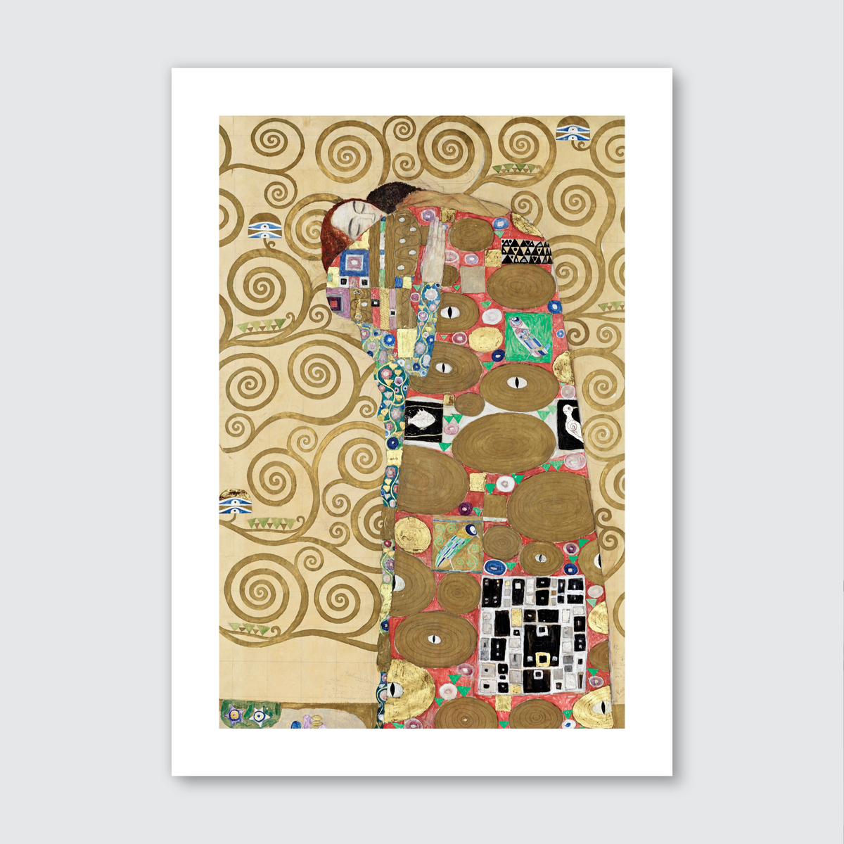 A graphical art print featuring a figure with swirling geometric patterns in gold, silver, and vibrant hues against an abstract background.