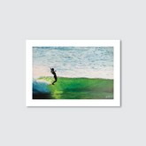Art print of a hand-painted oil painting on board, featuring a surf-related scene with a person on a surfboard riding a wave, with a predominantly green and blue color palette.