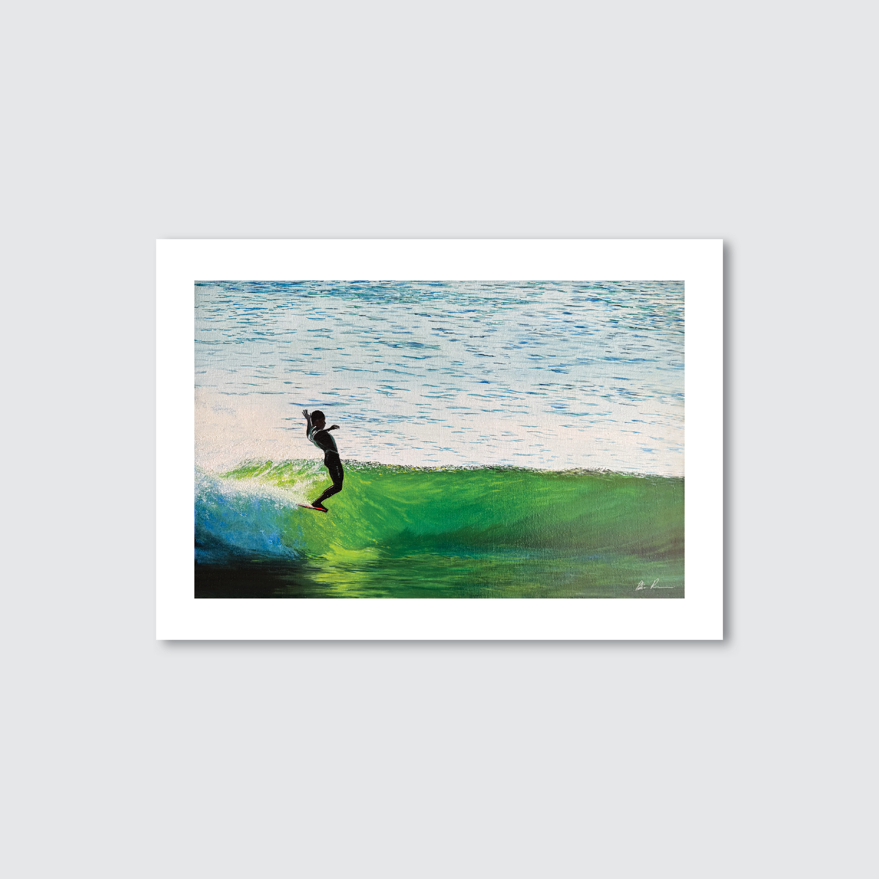 Art print of a hand-painted oil painting on board, featuring a surf-related scene with a person on a surfboard riding a wave, with a predominantly green and blue color palette.