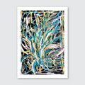 Abstract art print featuring vibrant colors and dynamic lines on a black background, representing the movement of Harekeke in the wind.
