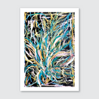 Abstract art print featuring vibrant colors and dynamic lines on a black background, representing the movement of Harekeke in the wind.