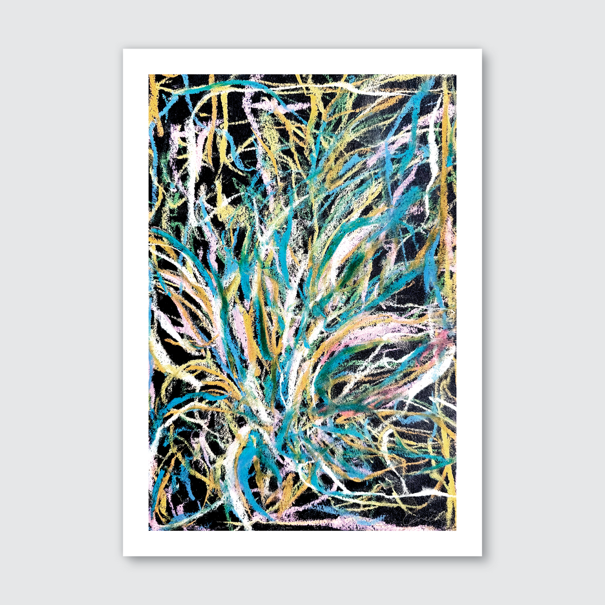 Abstract art print featuring vibrant colors and dynamic lines on a black background, representing the movement of Harekeke in the wind.