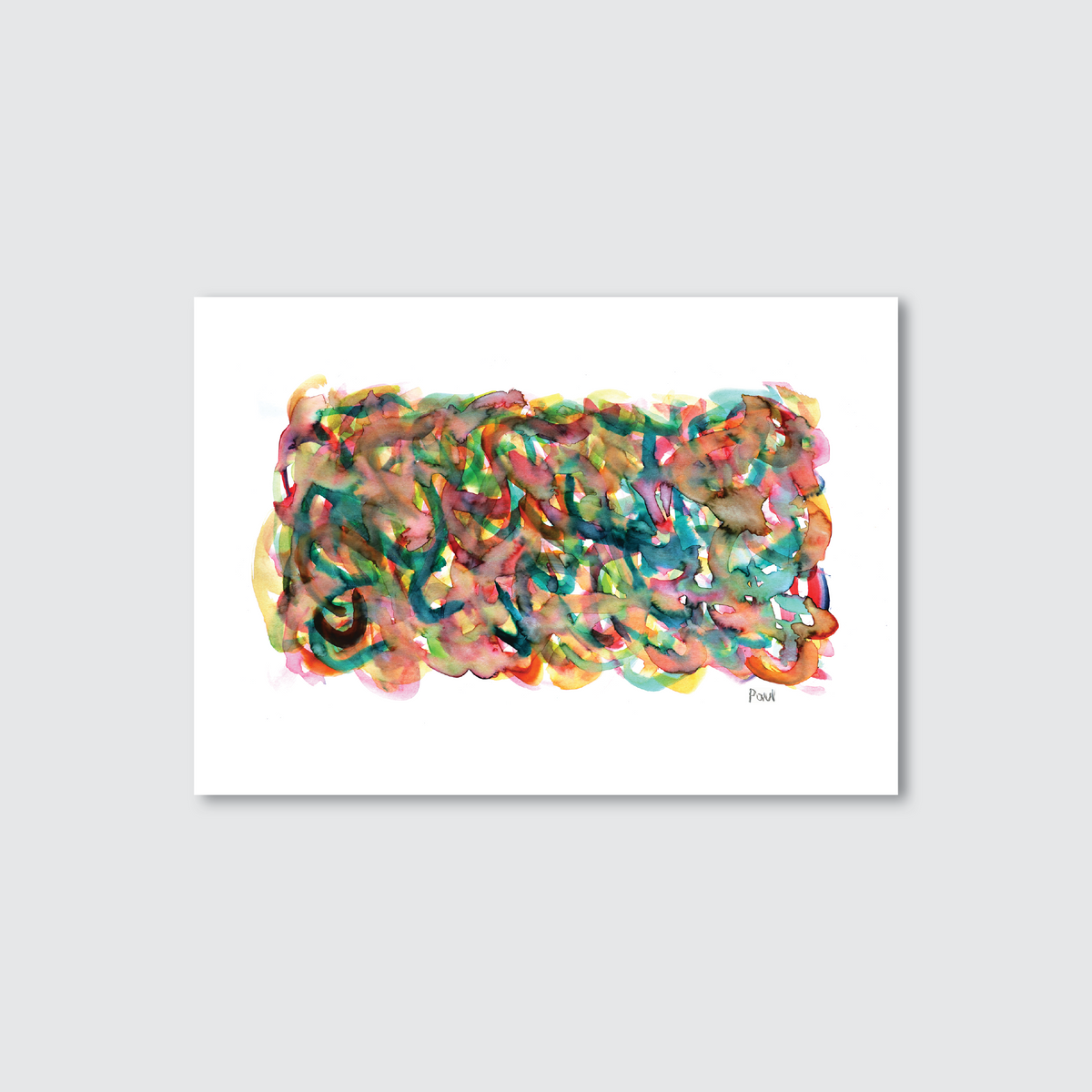 An abstract artwork print featuring swirling and curling patterns in various colours on a white background, signed by an artist.