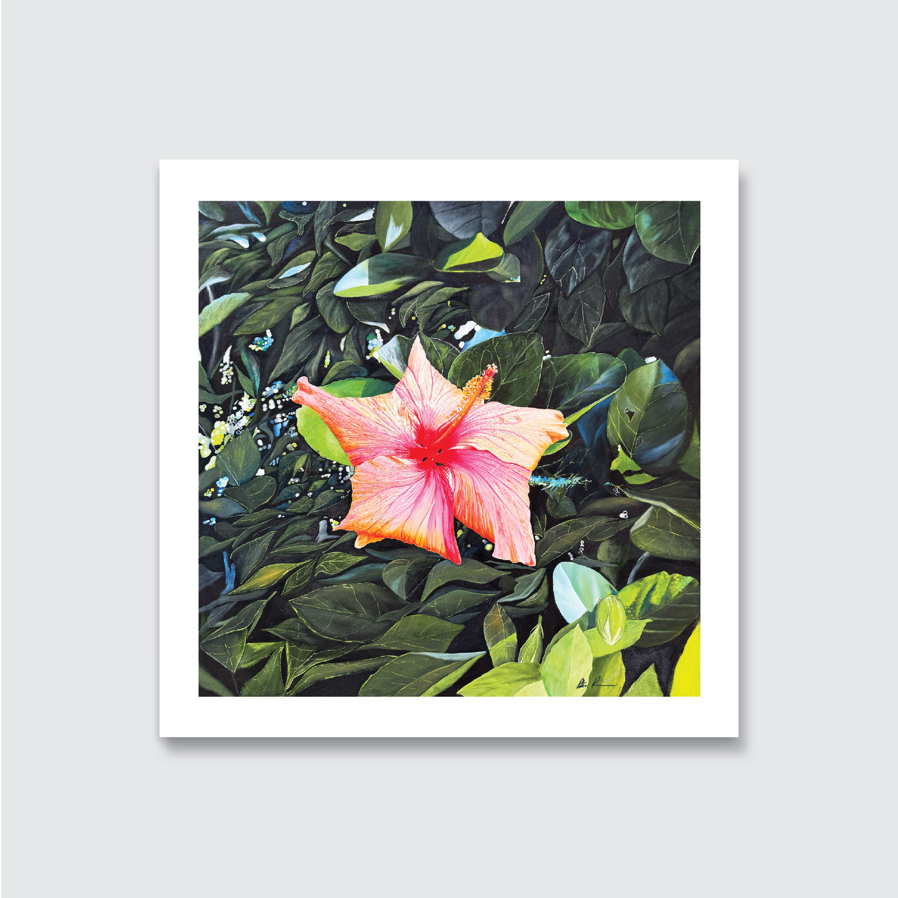 A vibrant painting of a pink hibiscus flower with green leaves in the background, made with oil on board.