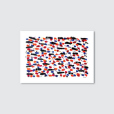 Abstract design of striking red, blue and black brush strokes on a white background..