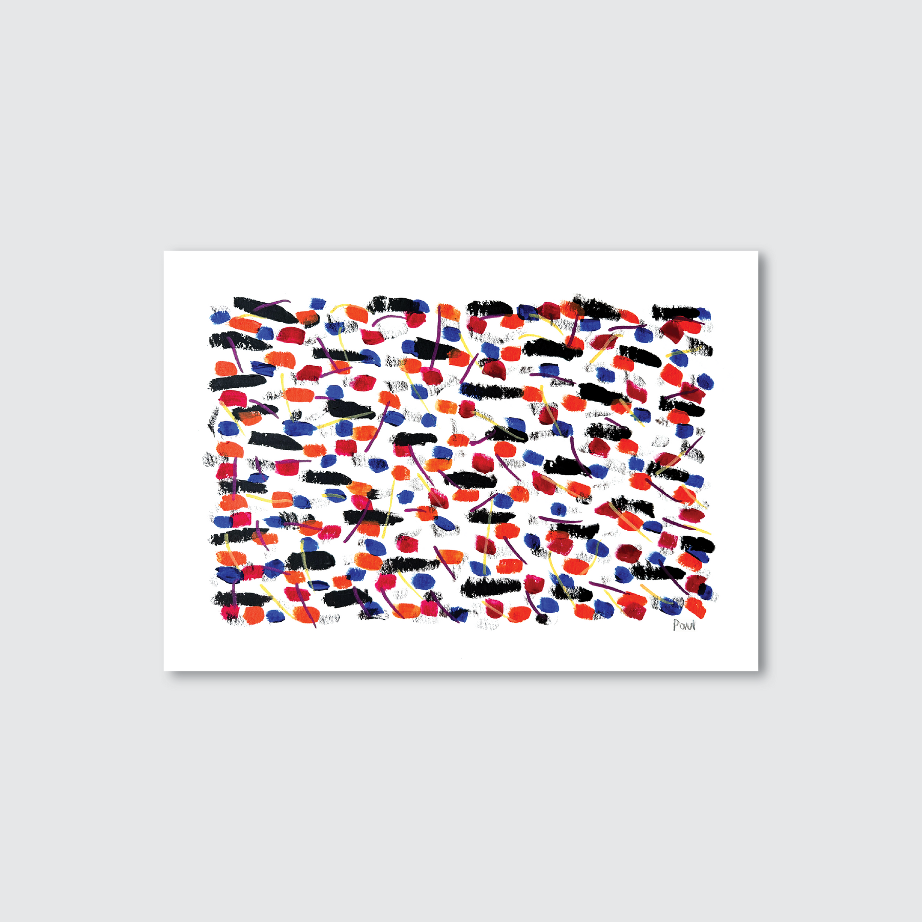 Abstract design of striking red, blue and black brush strokes on a white background..