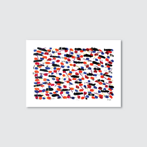 Abstract design of striking red, blue and black brush strokes on a white background..