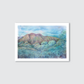 Mountain landscape with trees on a light blue background and trees in the foreground.