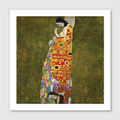 Gustav Klimt's 'Hope II' featuring a pregnant woman with her head bowed in contemplation, dressed in a flowing gown with intricate, gilded patterns against a golden background.