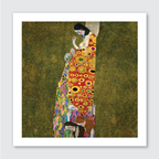 Gustav Klimt's 'Hope II' featuring a pregnant woman with her head bowed in contemplation, dressed in a flowing gown with intricate, gilded patterns against a golden background.