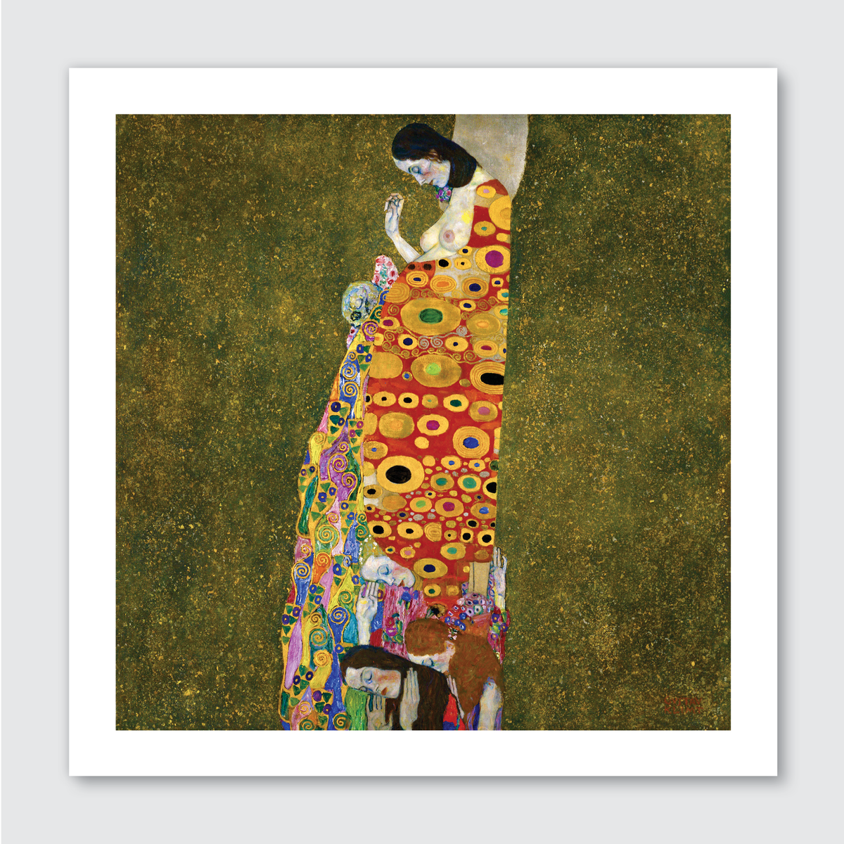 Gustav Klimt's 'Hope II' featuring a pregnant woman with her head bowed in contemplation, dressed in a flowing gown with intricate, gilded patterns against a golden background.
