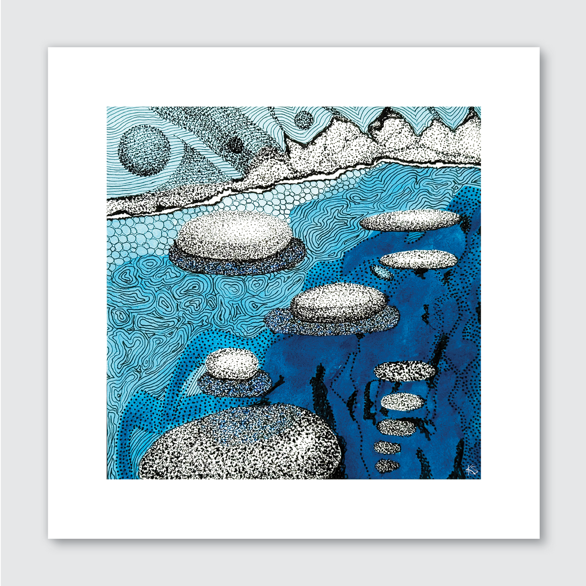 Art print featuring abstract blue bubble-like shapes on a white background with intricate patterns.