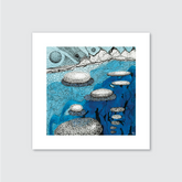 Art print featuring abstract blue bubble-like shapes on a white background with intricate patterns.