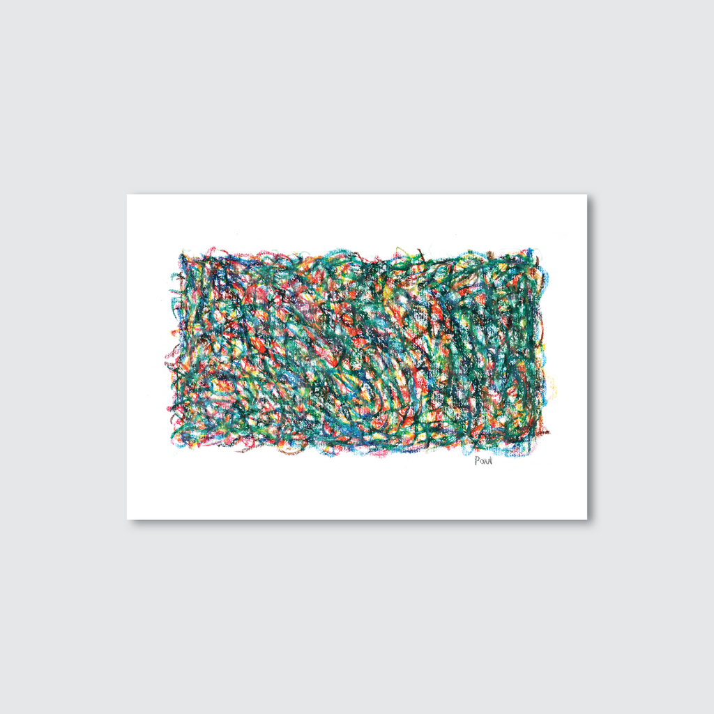 An abstract artwork print featuring a dense, multicoloured pattern with a variety of colours including green, blue, and red, creating a vibrant visual effect.