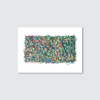 An abstract artwork print featuring a dense, multicoloured pattern with a variety of colours including green, blue, and red, creating a vibrant visual effect.