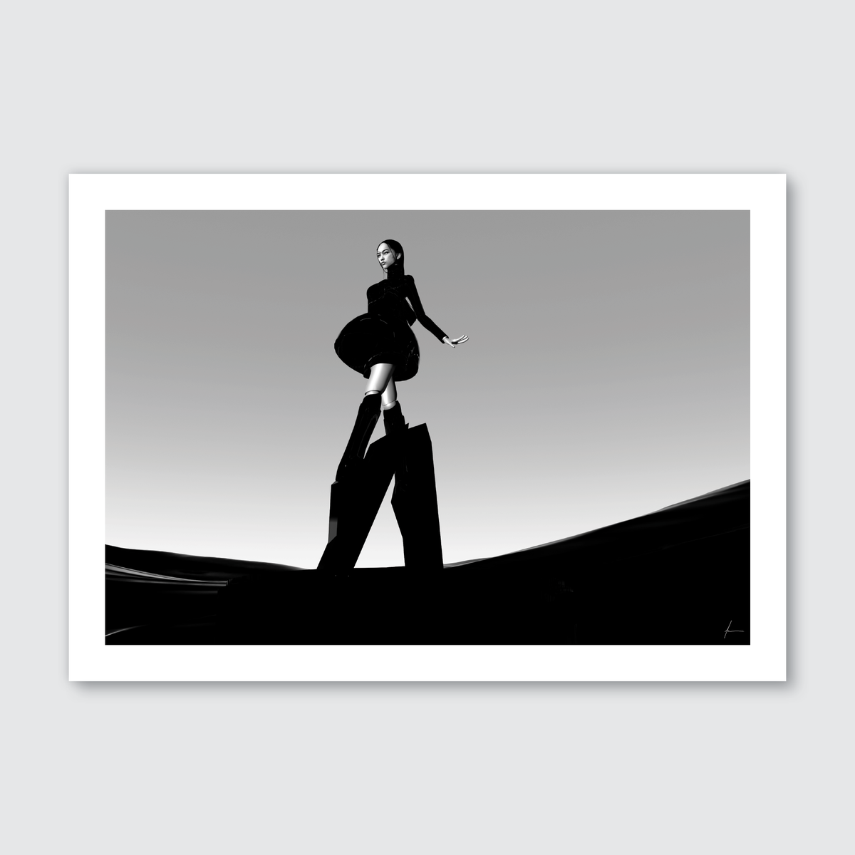A black and white image of a digital fashion model striking a pose against a minimalist background, representing the Index_M1 art print.