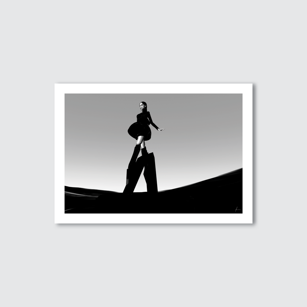 A black and white image of a digital fashion model striking a pose against a minimalist background, representing the Index_M1 art print.
