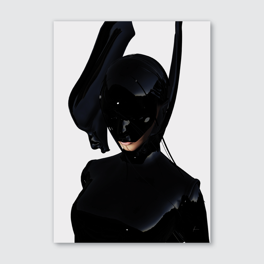 A digital artwork depicting a figure in black attire with an abstract and futuristic design, set against a white background.