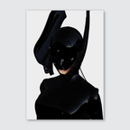 A digital artwork depicting a figure in black attire with an abstract and futuristic design, set against a white background.